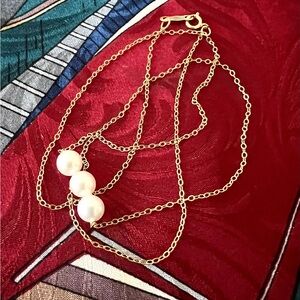 14K Yellow Gold 16” Necklace w/ 3 Cultured A White Pearls 5mm ~1.05g